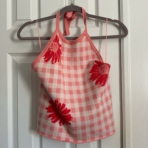 Pink Gingham Halter Tank with Red Floral Detail